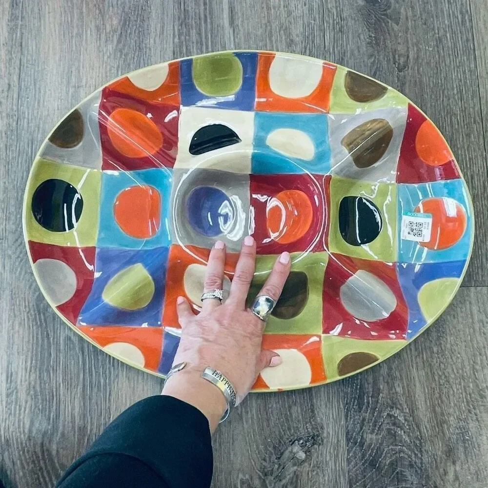 NWT Colorful Pier1 Urban Dot 5 Divided Oval Relish Chip Dip Serving Tray Platter